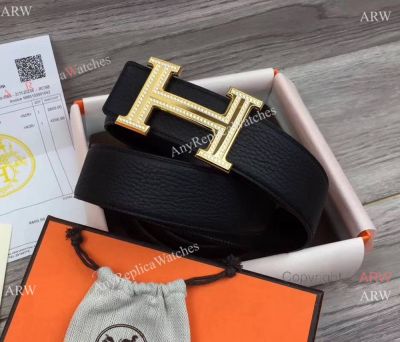 Super High AAA replica Hermes Leather Belt - Diamond Inlay Gold H Buckle